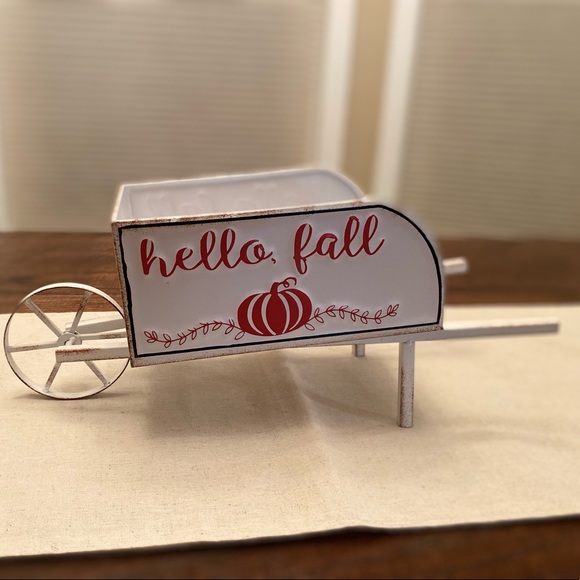 Fall Decor, Hello Fall Wheelbarrow Decor, Fall Metal Wheelbarrow Centerpiece - Picture 3 of 16